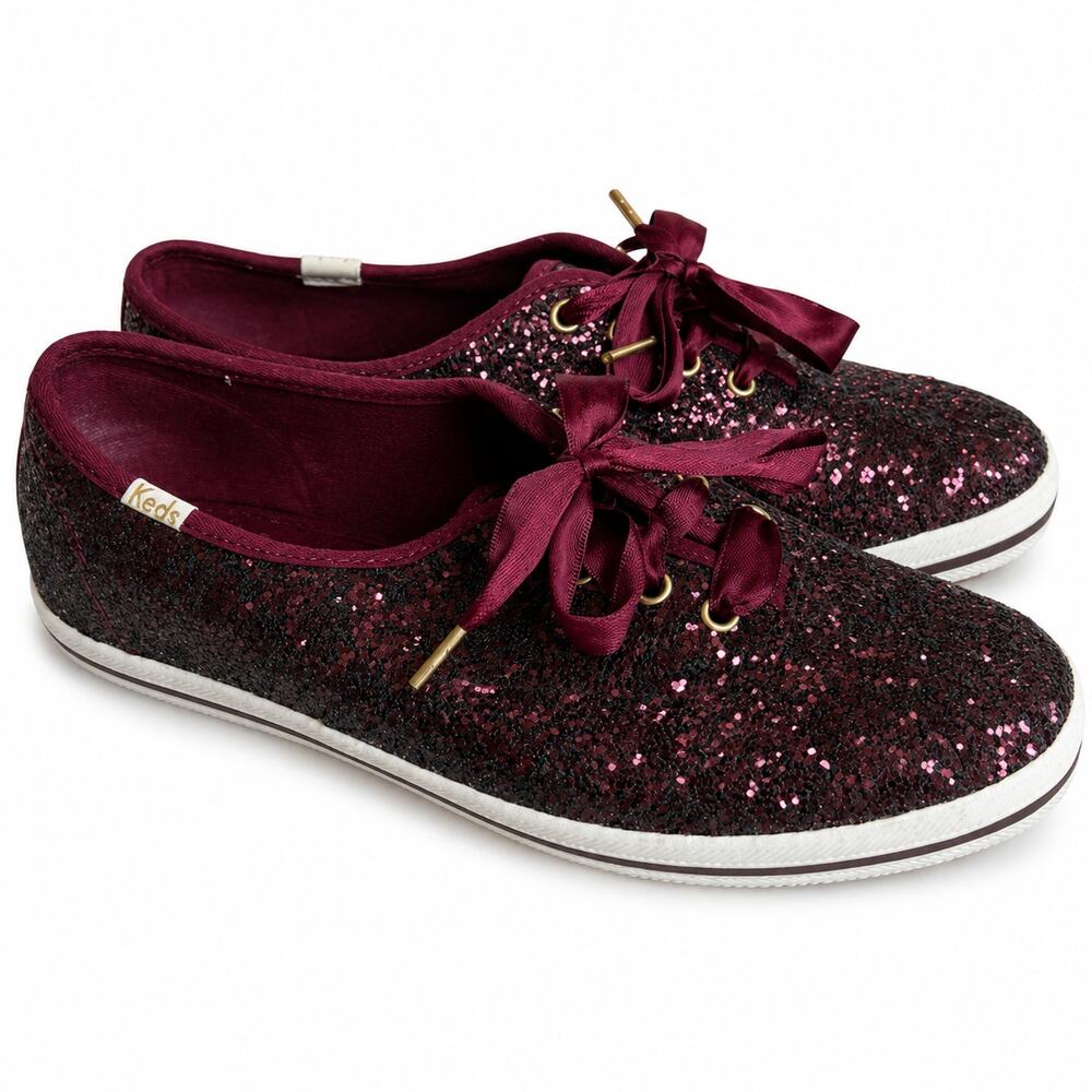 Kate Spade x Keds Burgundy Glitter Sneakers Women's US 8 Satin Ribbon Lace
